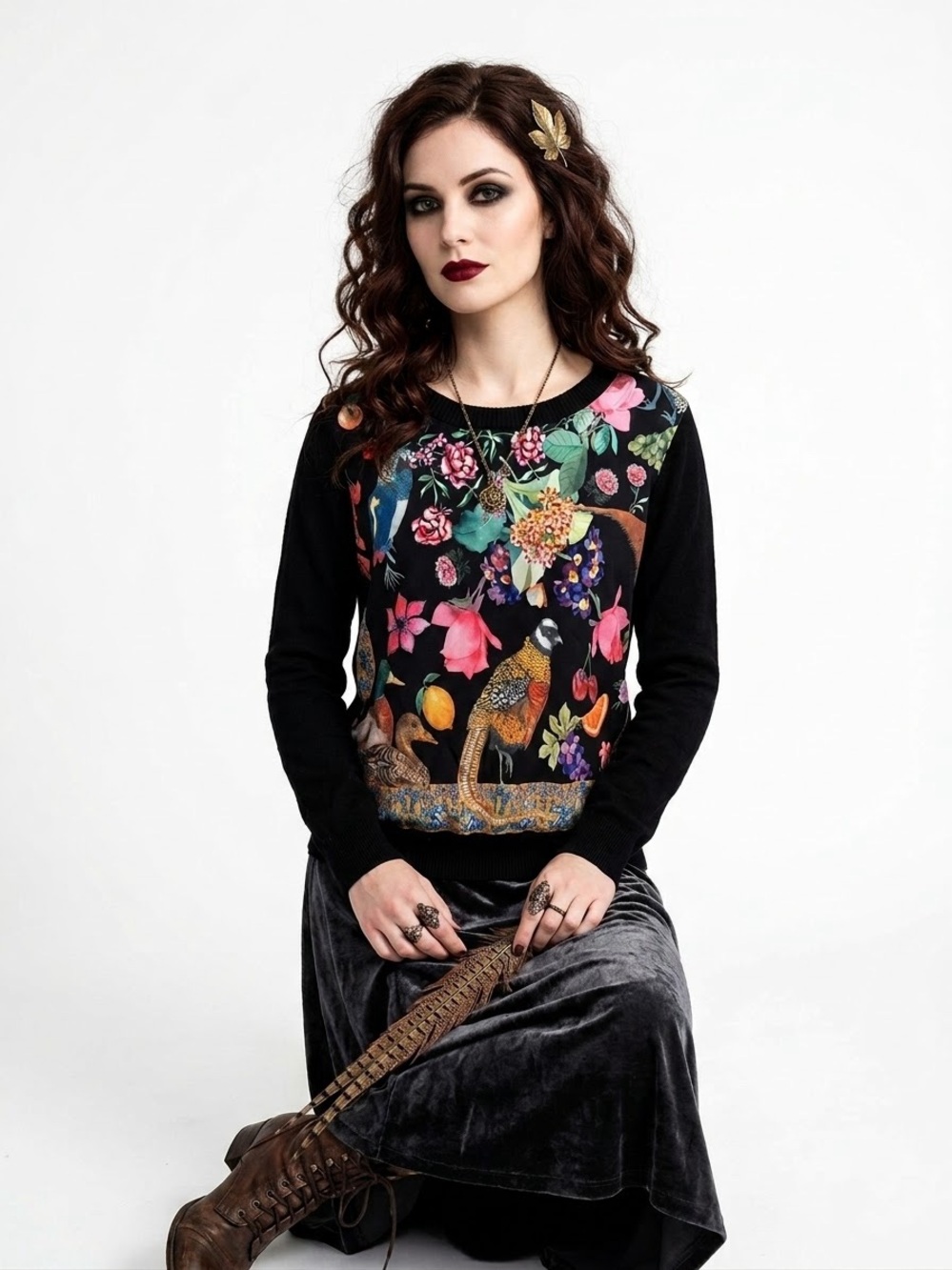 Desigual Floral Birds & Fruit Print Long Sleeve Sweater Top - Size M